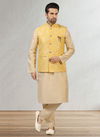 Yellow Latest Party Wear Jacquard Banarasi Silk Digital Print Kurta Pajama With Jacket Mens Collection 1048